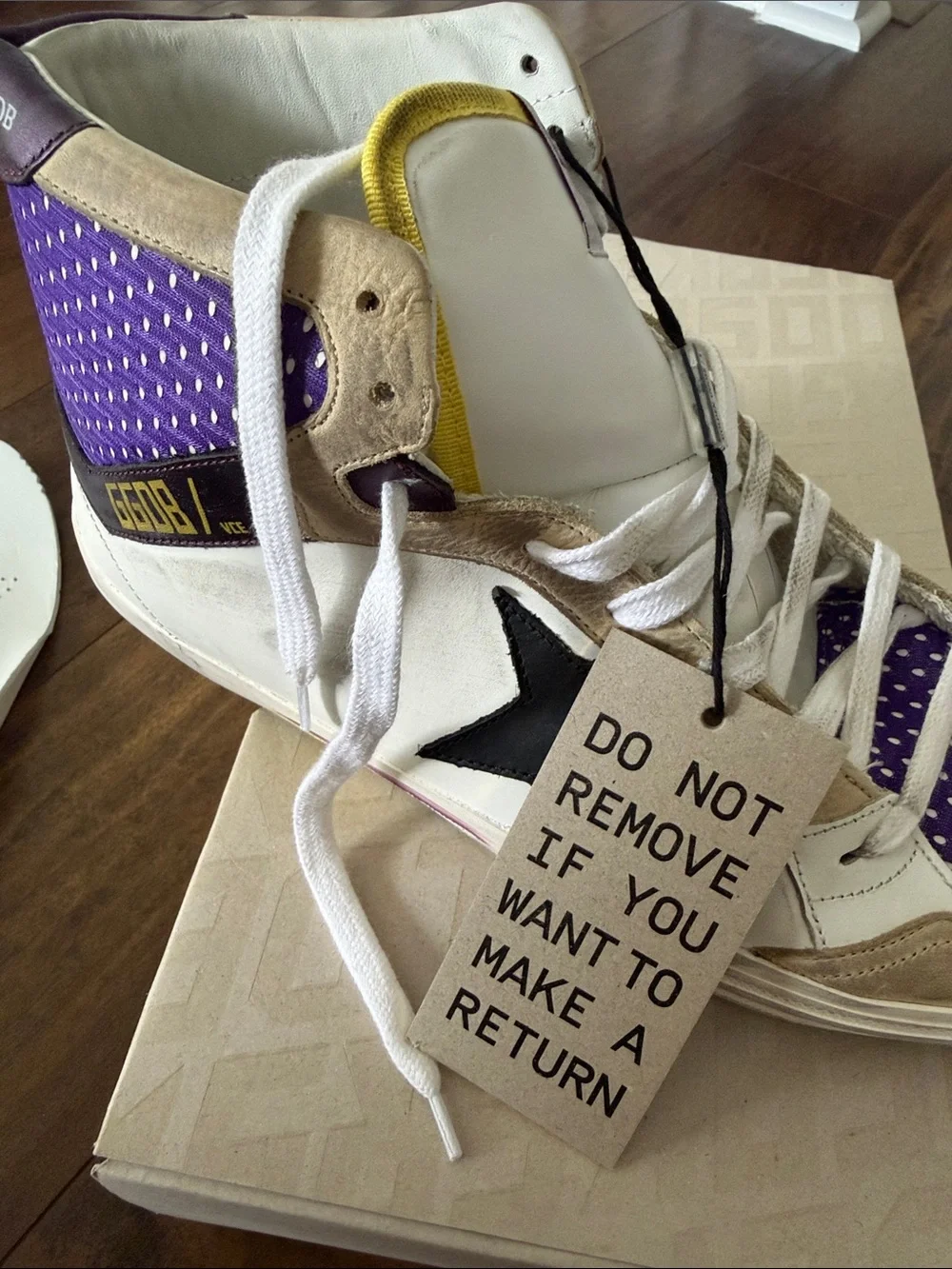 Golden Goose Kids High-Top Sneakers in White, Purple & Tan